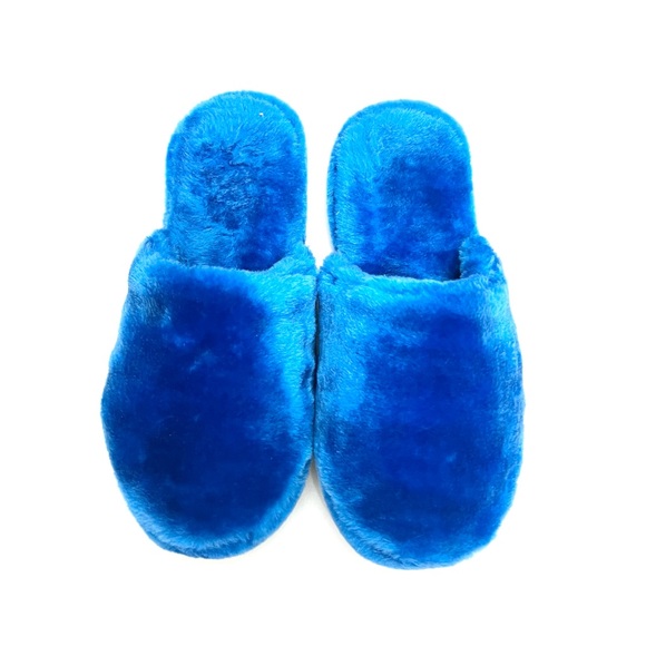 Vintage 1990s women's deadstock royal blue fuzzy platform mule style slippers - Picture 1 of 8